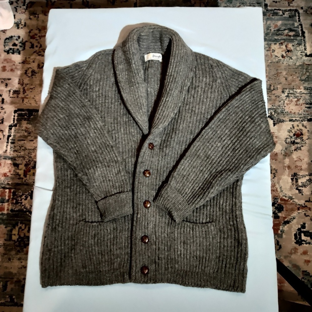 Pringle of Scotland Mens Small Grey Shetland Wool Shawl Collar Cardigan Sweater